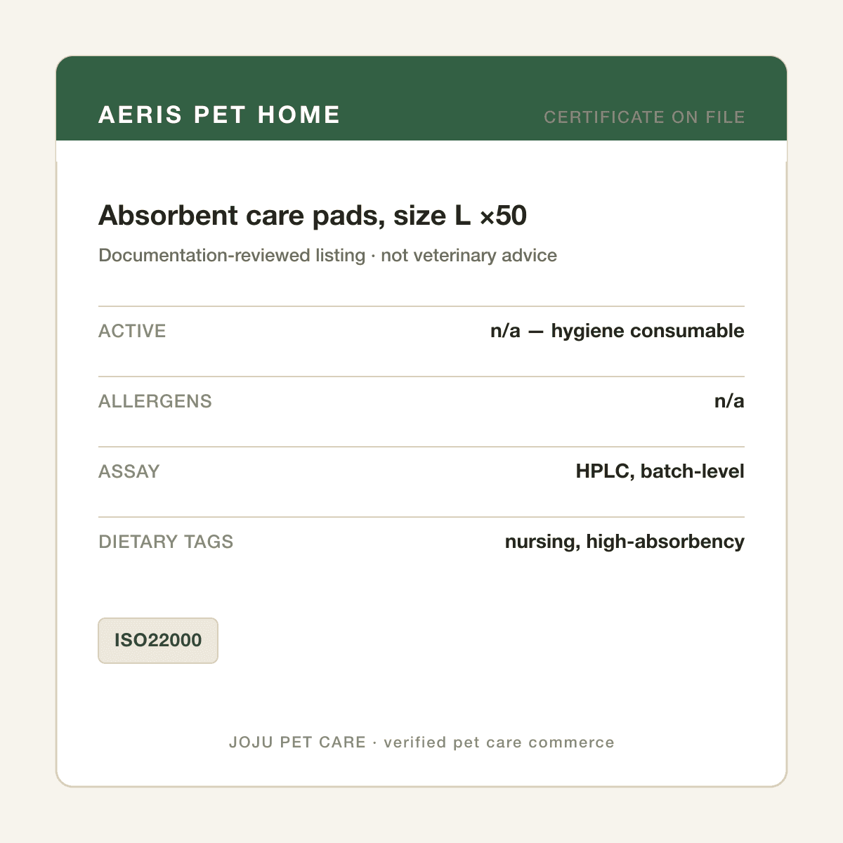 Absorbent care pads, size L ×50 — ingredient label