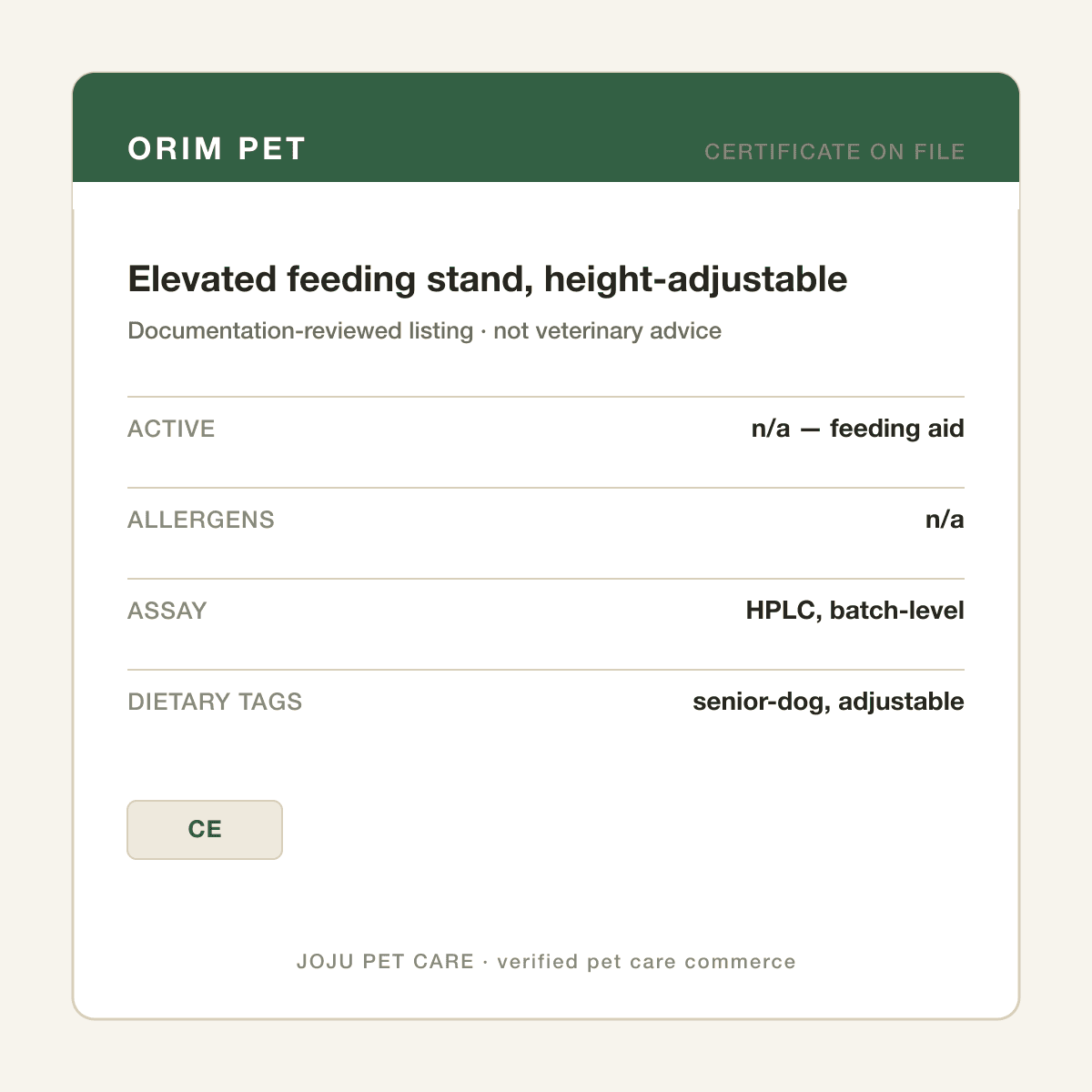 Elevated feeding stand, height-adjustable — ingredient label
