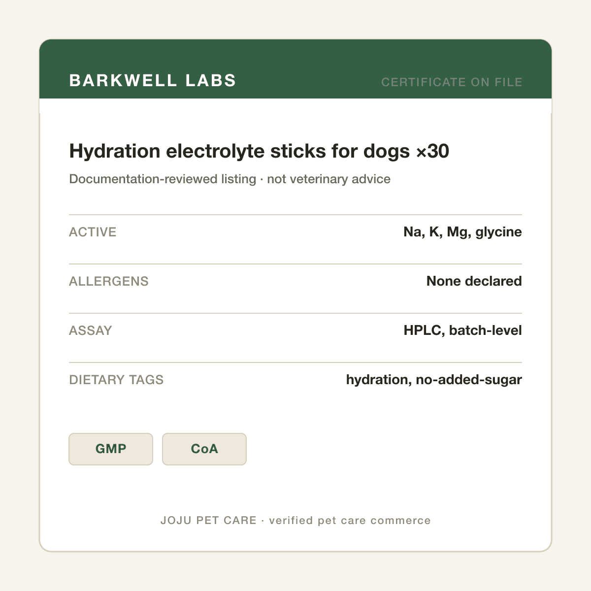 Hydration electrolyte sticks for dogs ×30 — ingredient label