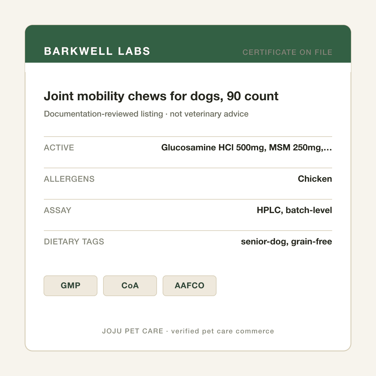 Joint mobility chews for dogs, 90 count — ingredient label
