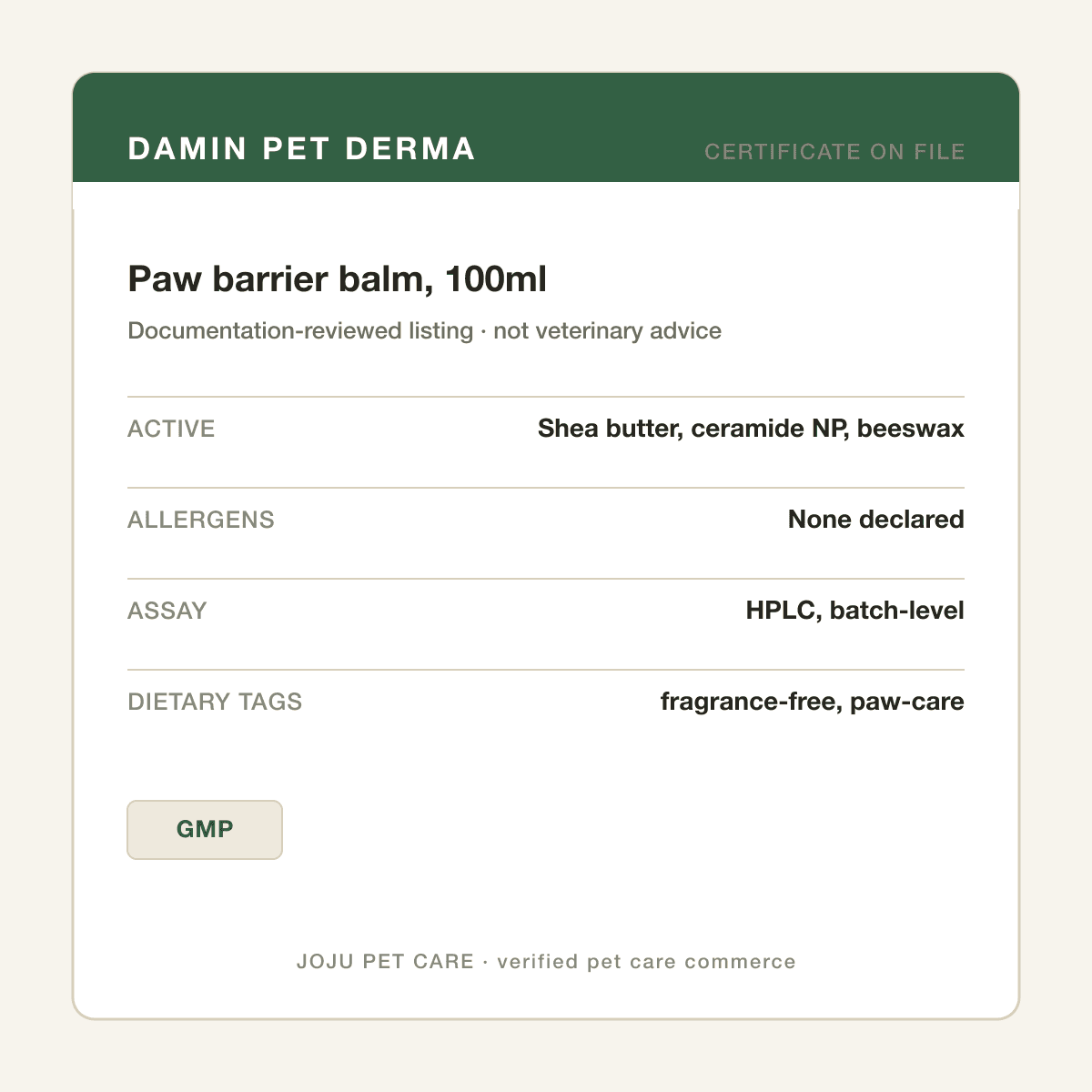 Paw barrier balm, 100ml — ingredient label