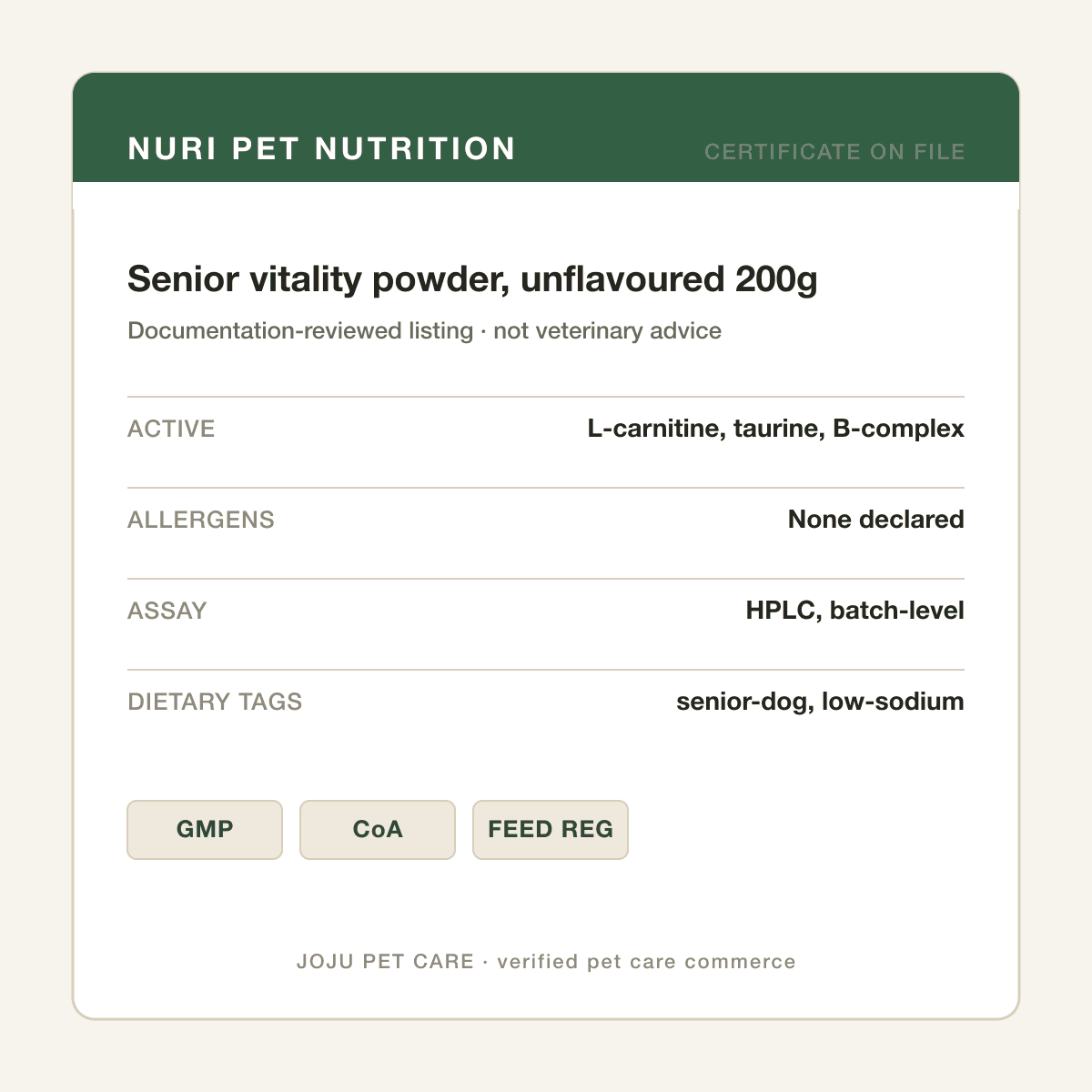 Senior vitality powder, unflavoured 200g — ingredient label