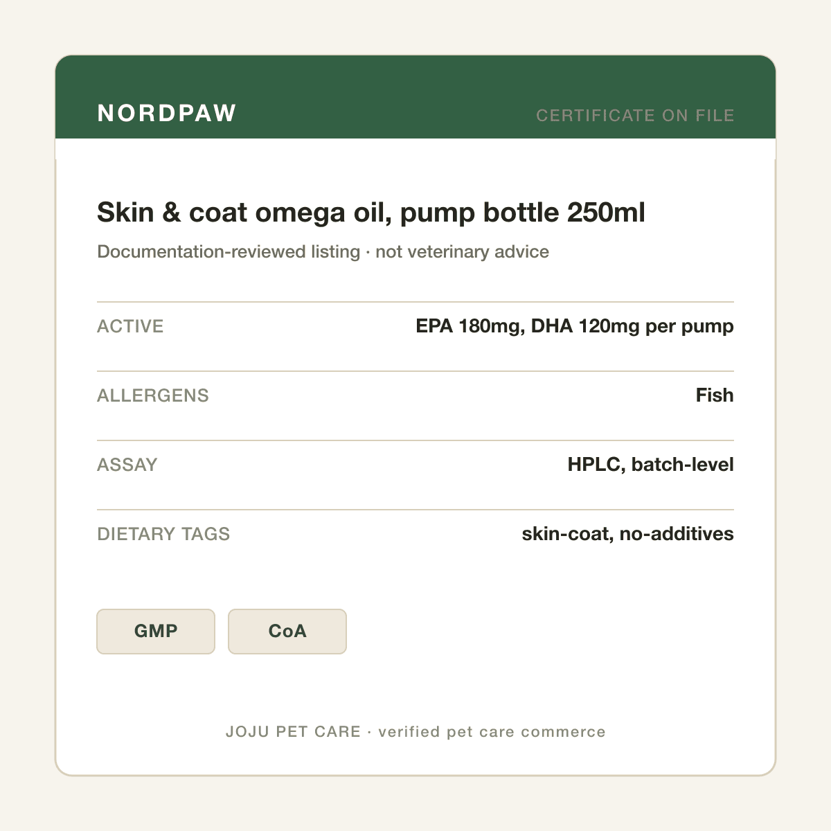 Skin & coat omega oil, pump bottle 250ml — ingredient label
