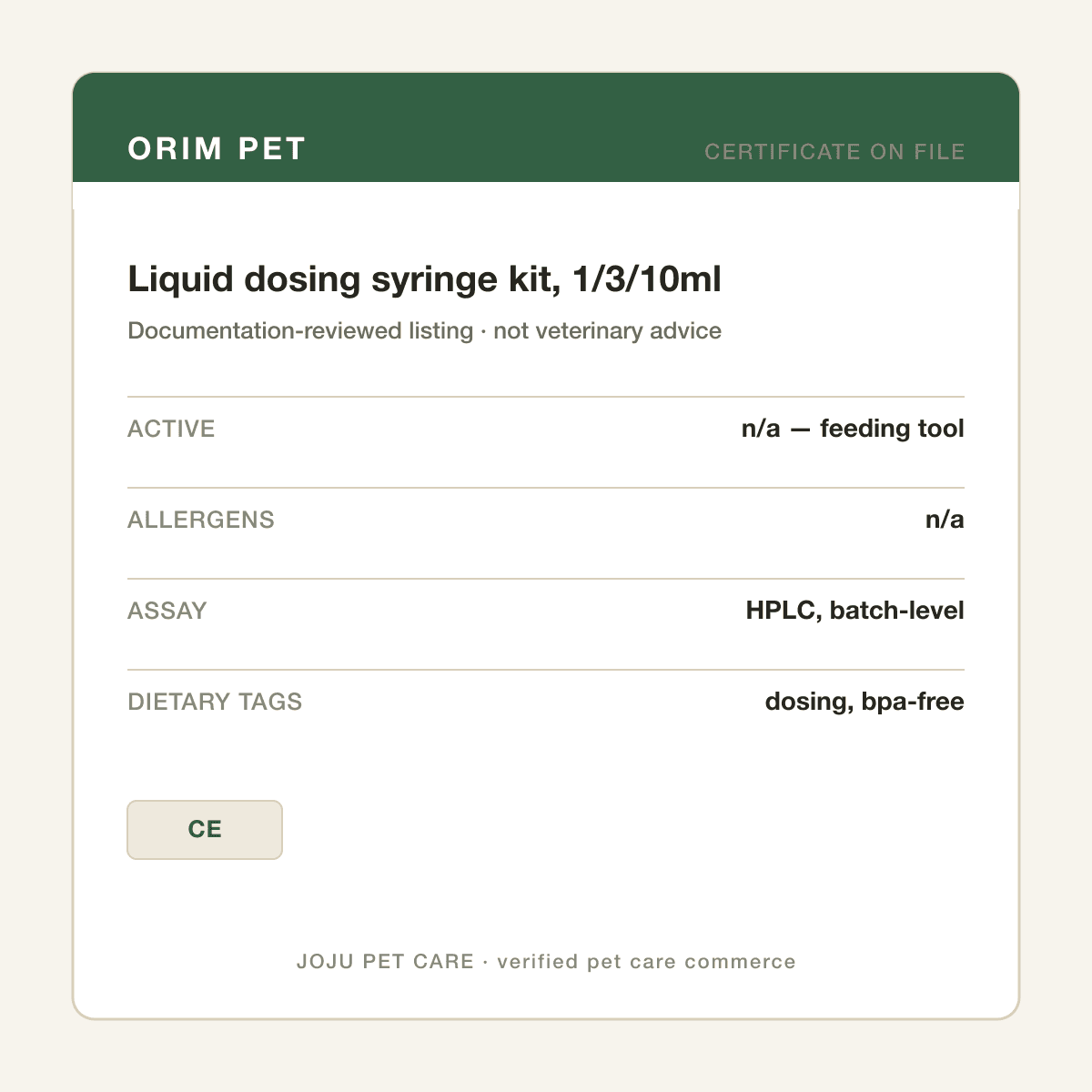 Liquid dosing syringe kit, 1/3/10ml — ingredient label