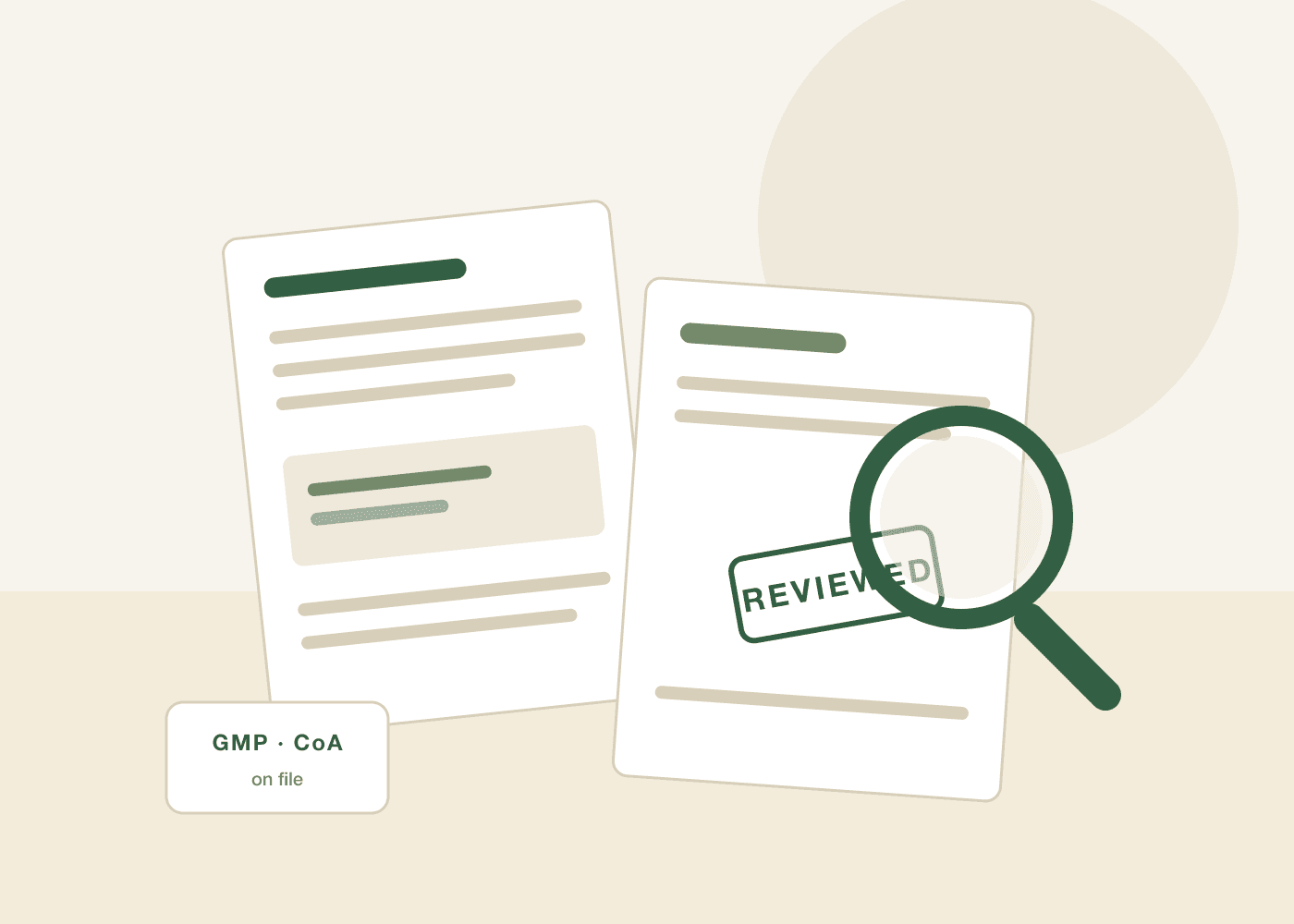Advisor review desk — documents, magnifier and a REVIEWED stamp