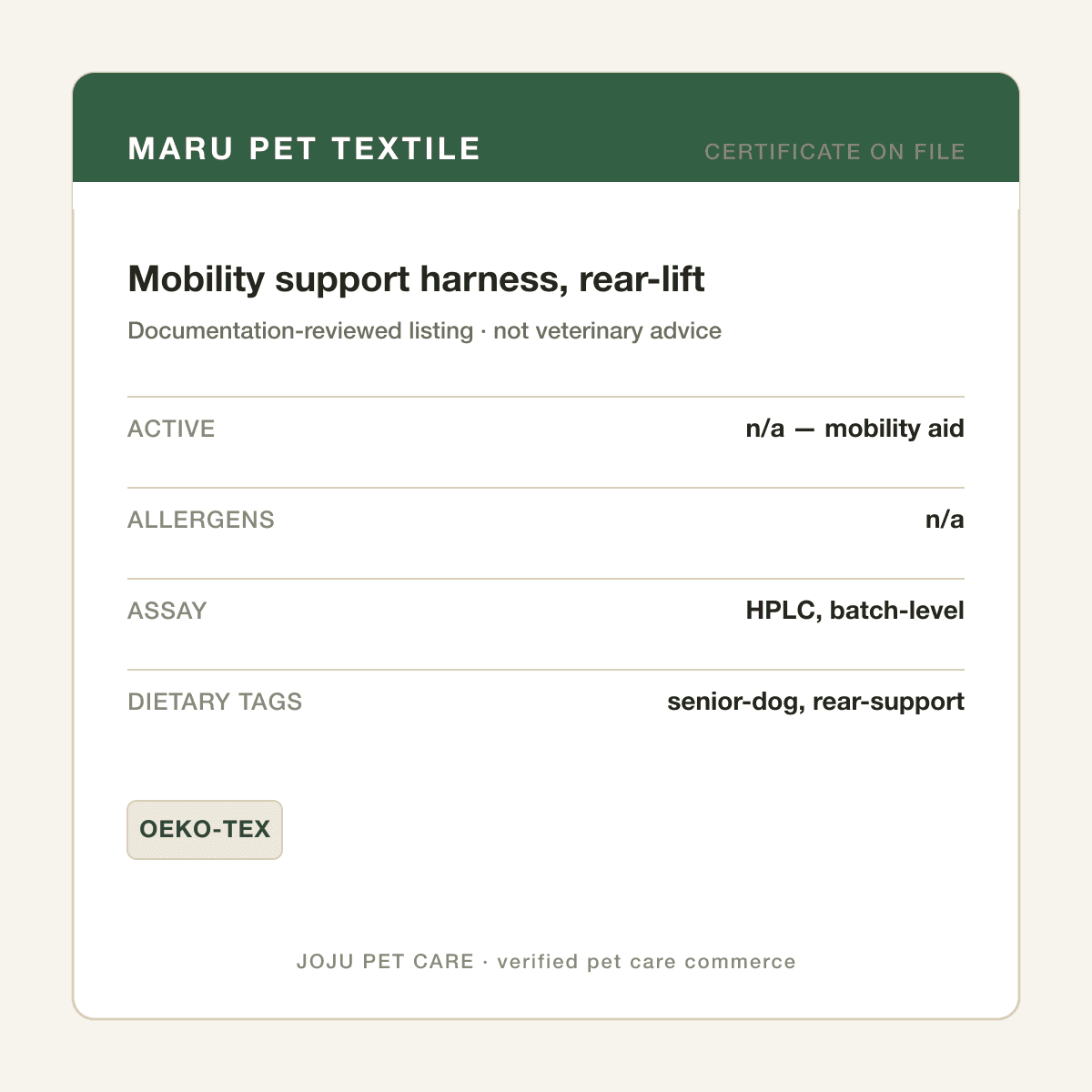 Mobility support harness, rear-lift — ingredient label